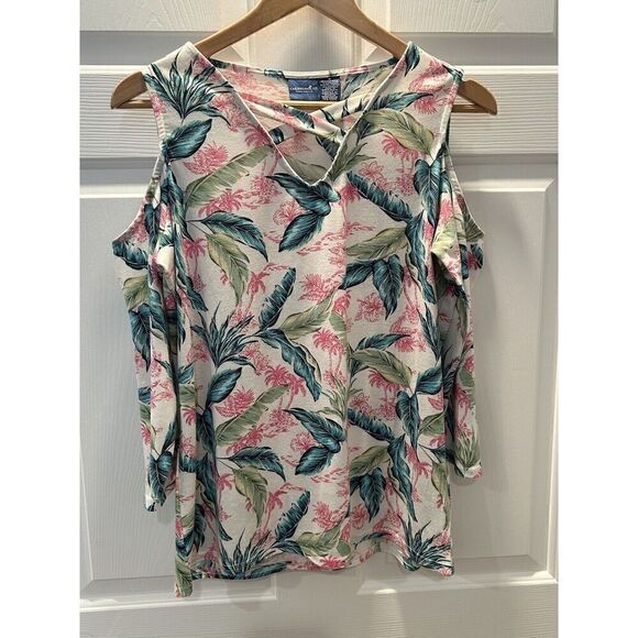 CARIBBEAN JOE WOMEN'S Medium Cold Shoulder Palm Trees - Picture 1 of 6